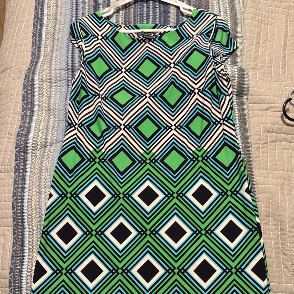 White Green Navy Geometric Pattern Dress Chic Printed Dress Medium